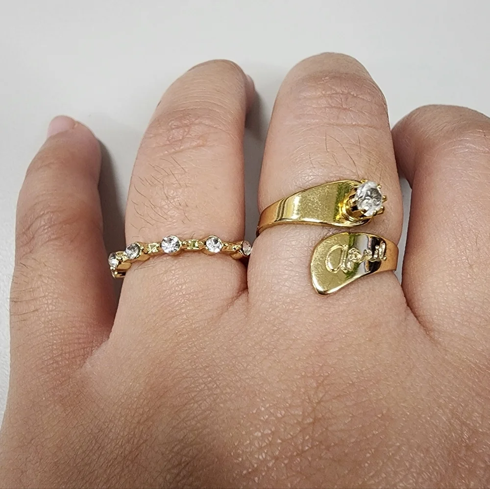 Sz 7 Gold Bypass Wrap Birthstone Name Ring & Bezel-Set Bubble Eternity Band Set